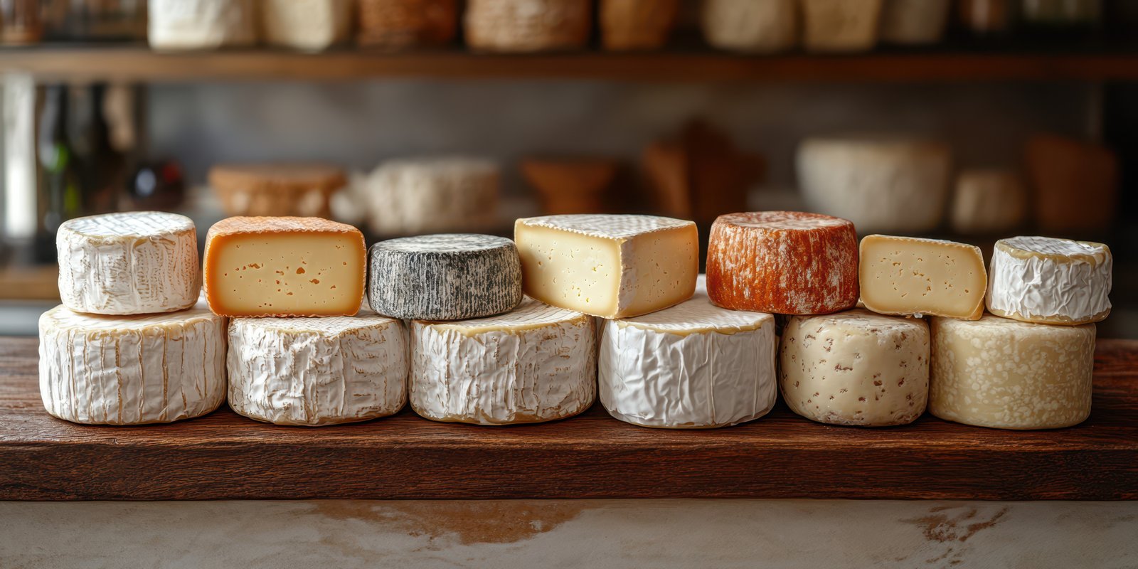 Display of assorted artisan cheeses arranged on a wooden plank in a rustic shop